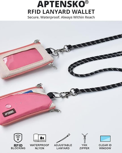 RFID Travel Wallet with Adjustable Lanyard-Zipper Small Wallet with ID Card Holder, Keychain for women&men-Minimalist Slim Waterproof Nylon case for ID, Cash, Key (Pink+Almond)