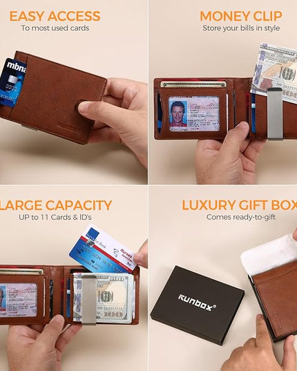 RUNBOX Slim Money Clip Wallets for Men RFID Blocking 11 Card Holder Minimalist Small Leather Bifold Men's Front Pocket Wallet Gift Box
