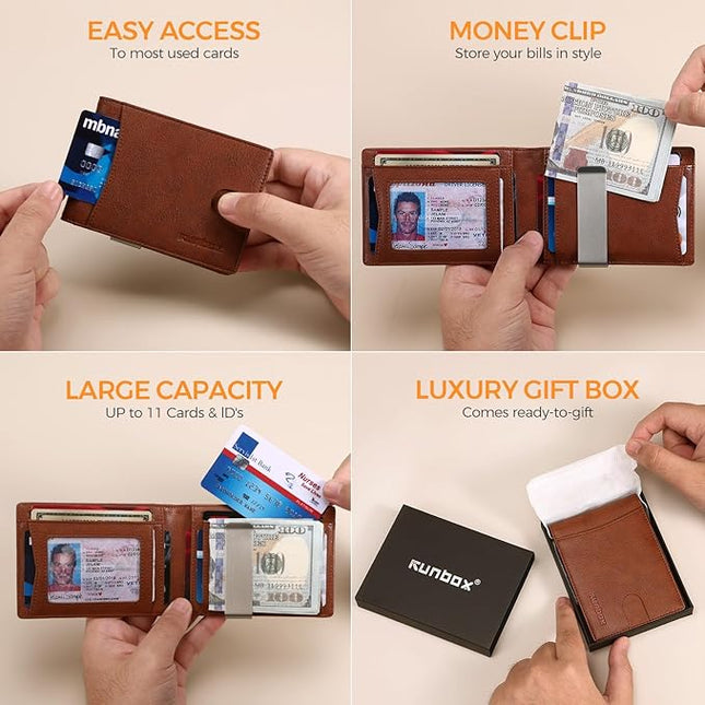 RUNBOX Slim Money Clip Wallets for Men RFID Blocking 11 Card Holder Minimalist Small Leather Bifold Men's Front Pocket Wallet Gift Box