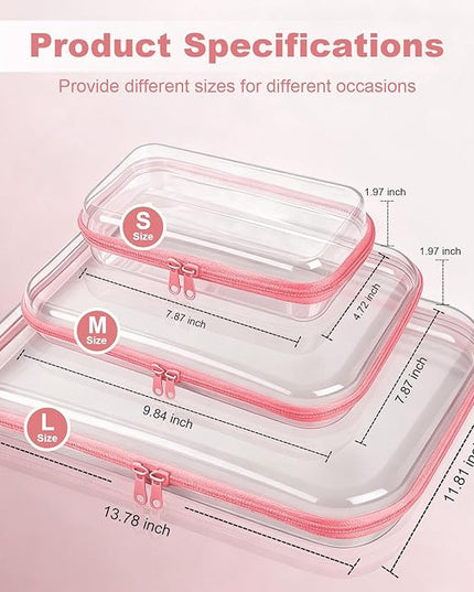 5 Pack Clear Hard Shell Zipper Pouches, TSA Friendly Transparent Design for Toiletries & Electronics, Crush-Resistant Storage for Carry-On Travel (Pink)