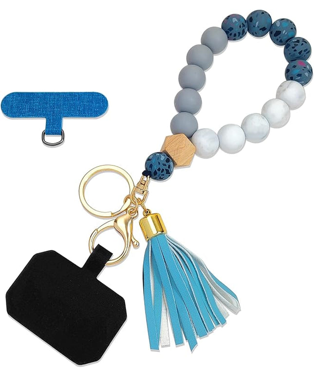 Phone Lanyard Silicone Beaded Phone Wrist Strap Cute Elastic Cell Phone Wristlet Chain Bracelet with 2 Tether Tab