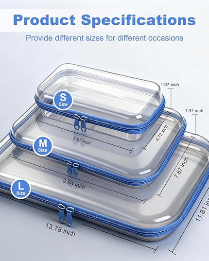 5 Pack Clear Hard Shell Zipper Pouches, TSA Friendly Transparent Design for Toiletries & Electronics, Crush-Resistant Storage for Carry-On Travel (Blue)