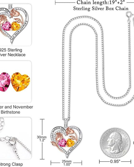 Iefil Christmas Gifts for Women Wife - 925 Sterling Silver Rose Heart Birthstone Necklace Birthday Anniversary Jewelry Gifts for Her Wife Mom Daughter