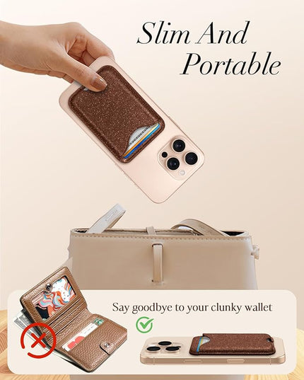 Shorogyt Compatible with Magsafe Wallet Magnetic Card Holder - Glitter Brown Phone Wallets for Women Teen Girls Fashion for iPhone 16/15/14/13/12 Series Slim for Apple Mag RFID Magnet, Fit 3 Cards