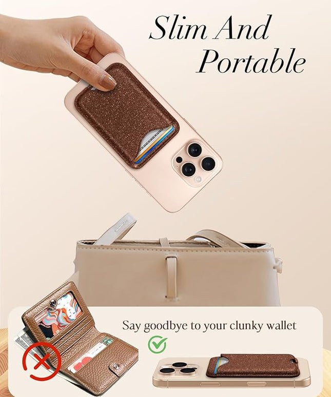 Shorogyt Compatible with Magsafe Wallet Magnetic Card Holder - Glitter Brown Phone Wallets for Women Teen Girls Fashion for iPhone 16/15/14/13/12 Series Slim for Apple Mag RFID Magnet, Fit 3 Cards