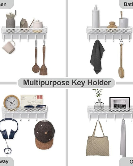 Lwenki Key Holder for Wall – Decorative Stainless Steel Key Hanger with 6 Hooks for Hats, Bags, Leashes – Mail Holder Key Rack with Mounting Hardware and Guide (9.65” x 2.8” x 2.2”) (White)