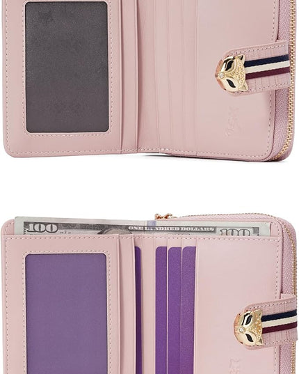 FOXLOVER Genuine Leather Zip Small Wallet Women RFID Blocking Credit Card Bifold Wallet Business Card Holder with ID Window(Pink)