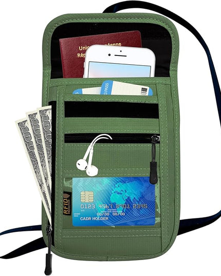 RFID Blocking Travel Neck Wallet Pouch and Passport Holder, Travel Neck Pouch Passport Holder for Women & Men - Army Green