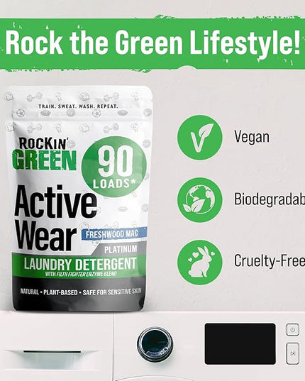 Rockin' Green Laundry Detergent, Plant based, All Natural Laundry Detergent Powder, Vegan and Biodegradable Odor Fighter, Safe for Sensitive Skin (Active Wear 90 Loads - Freshwood Mac)