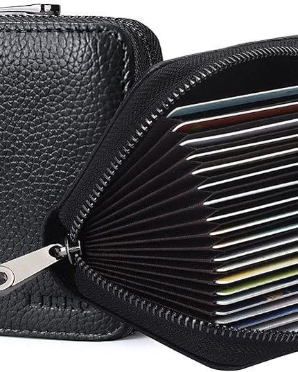Linno RFID 20 Slots Credit Card Holder Genuine Leather Small Wallet for Women or Men with Zipper