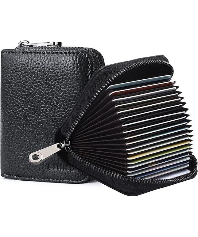 Linno RFID 20 Slots Credit Card Holder Genuine Leather Small Wallet for Women or Men with Zipper