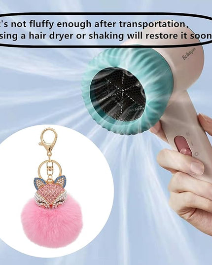 Faux Rabbit Fur Ball Pom Pom Keychain with Fox Head Studded with pearl Rhinestone for Womens Bag Car Key Decoration