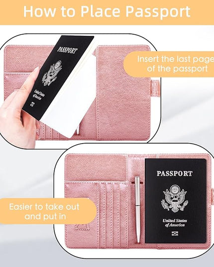 WALNEW Passport Holder for Travel, RFID Passport Cover Wallet for Women Men, PU Leather Passport Book Card Holder Case with Pen (Buckle Closure, Buckle-Rosegold)