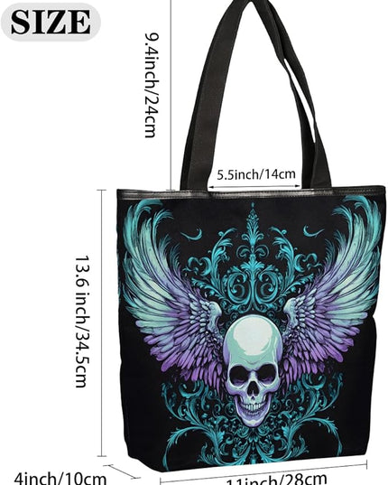 Pardick Gothic Skull Canvas Tote Bag, Eco Friendly Reusable Grocery Shopping Bags Beach Bag Book Tote Handbags Washable Shoulder Bag With Zipper Inner Pocket for Women Girls