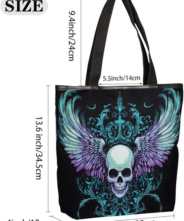 Pardick Gothic Skull Canvas Tote Bag, Eco Friendly Reusable Grocery Shopping Bags Beach Bag Book Tote Handbags Washable Shoulder Bag With Zipper Inner Pocket for Women Girls