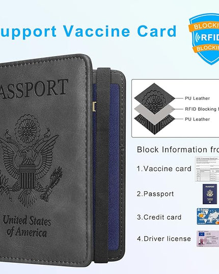 ACdream RFID BLOCKING Passport Holder Travel Wallet - Premium PU Leather Cover Passport book with Card Holder, Pen Slot, Keep Organization, and Travel Essentials for Women and Men - Grey