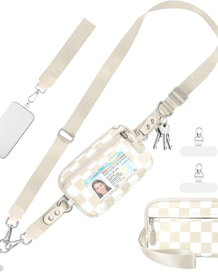 Clip and Go Strap for Phone with Wallet Crossbody Phone Lanyard and Detachable Checkered Bag with ID Window and RFID Pouch for Daily Travel.