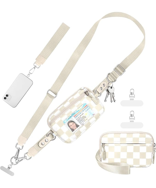 Clip and Go Strap for Phone with Wallet Crossbody Phone Lanyard and Detachable Checkered Bag with ID Window and RFID Pouch for Daily Travel.