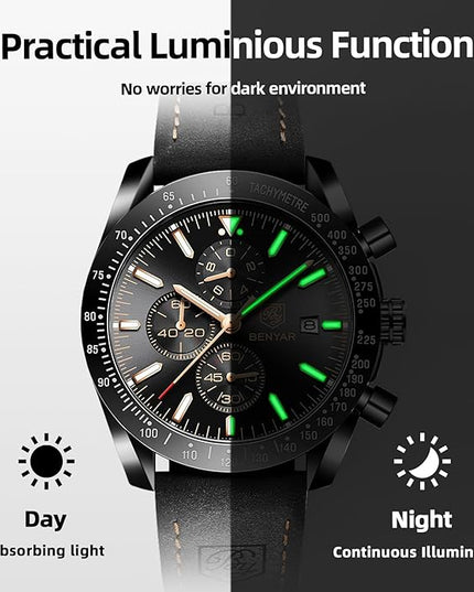 BY BENYAR Watch for Men Analog Quartz Chronograph Waterproof Luminous Designer Mens Wrist Watches Business Work Sport Casual Dress Watch with Silicone Strap Elegant Gifts for Men