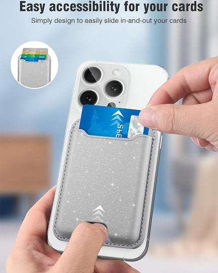 TopMade for Magsafe Wallet, Sparkle Magnetic Card Holder for iPhone 17, iPhone 16/15/14/13/12 Series, Leather Magnetic Phone Wallet with Powerful Magnet, RFID Blocking, Fit 4 Cards, Glitter Gray