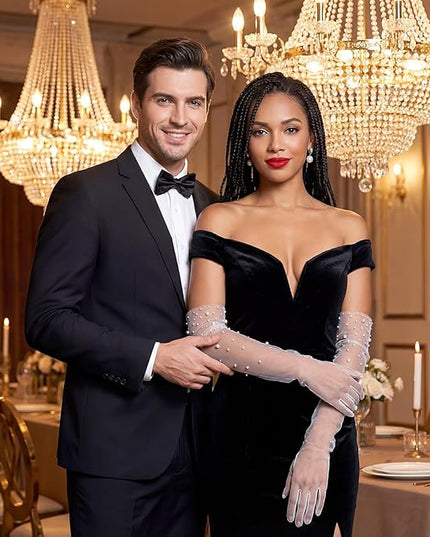 Long Pearl Wedding Gloves Tulle White Gloves for Women Sheer Bridal Lace Elbow Length Glove for Opera Party Brides