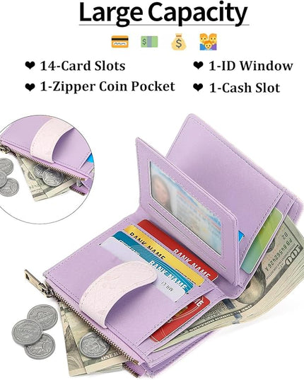 GAEKEAO Small Wallets for Women Leather RFID Blocking Bifold Zipper Pocket Wallet Card Case Purse with ID Window