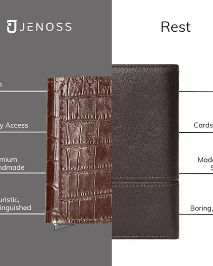 Jenoss Smart Wallet For Men: Full Grain Leather, Handcrafted, Slide Metal Pop Up Case, Slim RFID Blocking Credit Card Holder, Minimalist, Compact, 6-8 Cards Organizers, Front Pocket, Clip (Burgandy)