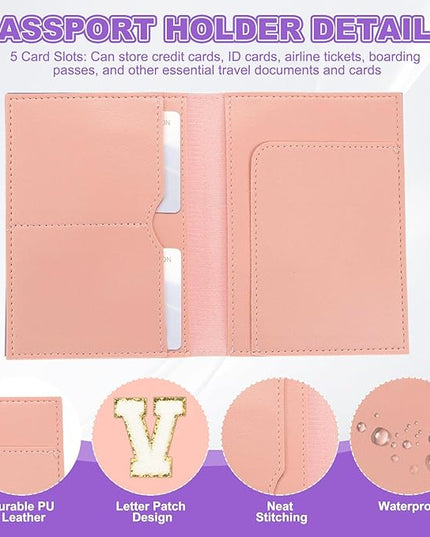 PATIKIL Passport Holder for Travel, Initial Passport Cover and Luggage Tag Set with Alphabet Chenille Letter Patch Travel Wallet Bag Suitcase Identifier for Women Family Travel Pink V
