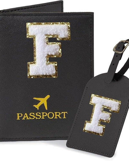 COSHAYSOO Black Passport Cover and Luggage Tag Set TSA Approved with Her Initial Chenille Letter Patch, Monogrammed Travel Bag Backpack Suitcase Identifier Gifts for Mom Women Teacher (F)
