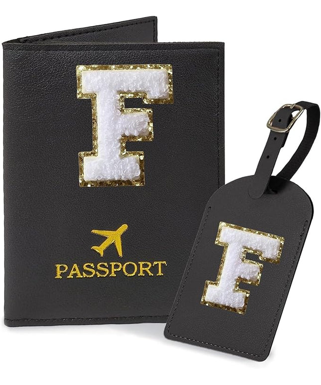 COSHAYSOO Black Passport Cover and Luggage Tag Set TSA Approved with Her Initial Chenille Letter Patch, Monogrammed Travel Bag Backpack Suitcase Identifier Gifts for Mom Women Teacher (F)