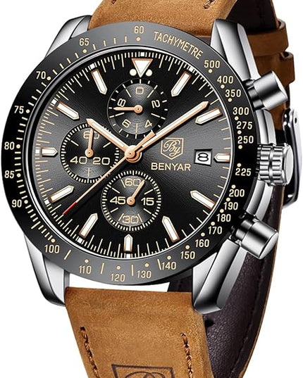 BY BENYAR Watch for Men Analog Quartz Chronograph Waterproof Luminous Designer Mens Wrist Watches Business Work Sport Casual Dress Watch with Silicone Strap Elegant Gifts for Men