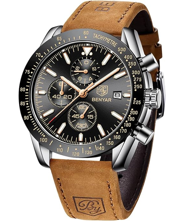 BY BENYAR Watch for Men Analog Quartz Chronograph Waterproof Luminous Designer Mens Wrist Watches Business Work Sport Casual Dress Watch with Silicone Strap Elegant Gifts for Men