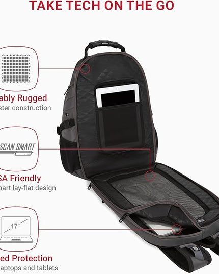 SwissGear 1900 ScanSmart 17” Laptop Backpack Stingray Ballistic – Reflective Tech Backpack with ScanSmart Compartment – Multiple Organizer Pockets & RFID Scan Blocking Technology