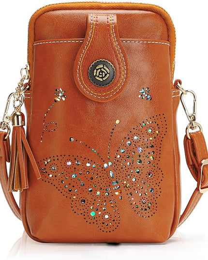 Small Crossbody Bags for Women, Lightweight Mini Cute Cell Phone Purse for Women with Tassel Shining Butterfly