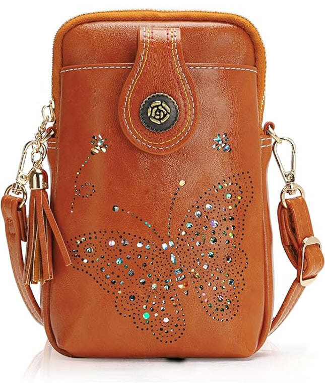 Small Crossbody Bags for Women, Lightweight Mini Cute Cell Phone Purse for Women with Tassel Shining Butterfly