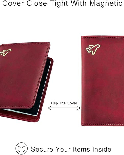 WALNEW Passport Holder for Travel, RFID Passport Cover Wallet for Women Men, PU Leather Passport Book Card Holder Case with Pen (Elastic Band Closure, C-Red)