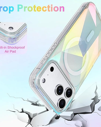 Cute Case for iPhone 17 Pro Max Case for Women Girls [ Compatible with Magsafe ] Clear Glitter Girly Aesthetic Rainbow Sparkly Bling Magnetic Phone Cover, Iridescent Geometry