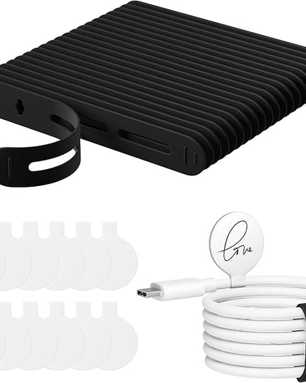 32Pcs Nearockle Cable Labels and Silicone Cable Ties Value Cable Management Set, 20 Cable Ties+12 Cord Labels for Electronics, Travel Home Office Desk Wire Organization(Black&White)