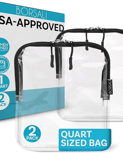 BORSALI TSA Approved Toiletry Bag - Clear Quart Size for 3-1-1 LIquids for Carry On Travel - Toiletries Organizer - Cosmetic Pouch with Zipper - Travel Accessories - 2 Pack