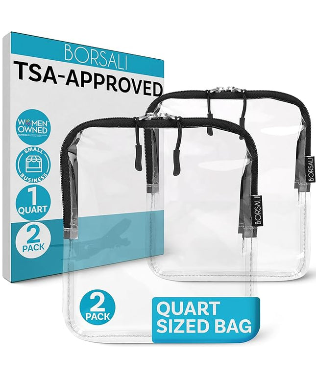 BORSALI TSA Approved Toiletry Bag - Clear Quart Size for 3-1-1 LIquids for Carry On Travel - Toiletries Organizer - Cosmetic Pouch with Zipper - Travel Accessories - 2 Pack