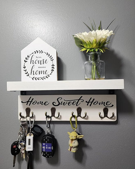 buways Wall-Mounted Key and Mail Holder, Wooden Key Rack with 4 Double Key Hooks, Rustic Home Decor for Entryway(White)