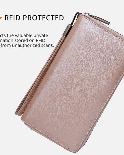 Bveyzi Women RFID Blocking Wallet Leather Zip Around Phone Clutch Large Capacity Ladies Travel Purse Wristlet | RFID Blocking, Zip Around, Large Capacity