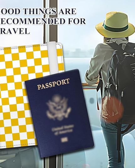 Passport Holder for Travel Essentials, RFID Premium Leather Passport Wallet Cover Case for Travel Must Haves Accessories, Passport Book Holders for Women Men Cute Yellow Checkered