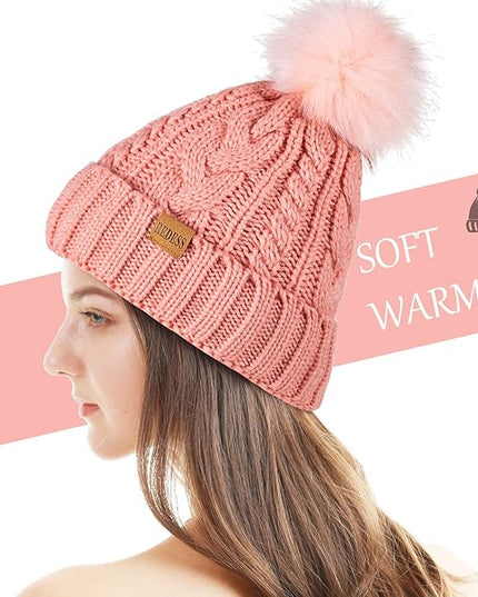 REDESS Women Winter Pompom Beanie Hat with Warm Fleece Lined, Thick Slouchy Snow Knit Skull Ski Cap