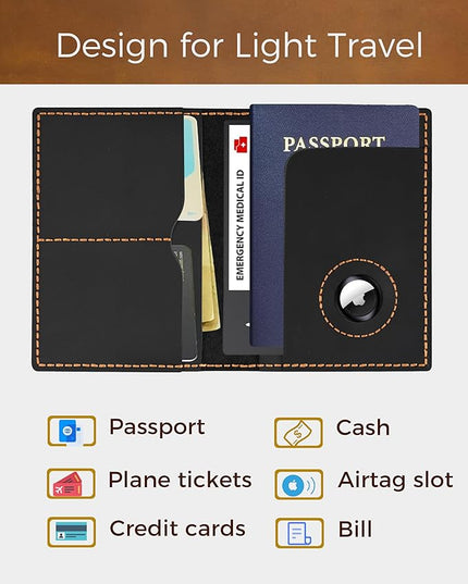 Passport Holder for Travel, Genuine Leather Passport Holder with Airtag, Rfid Passport Wallet Cover Case for Women Men, Travel Essentials Gift, Black