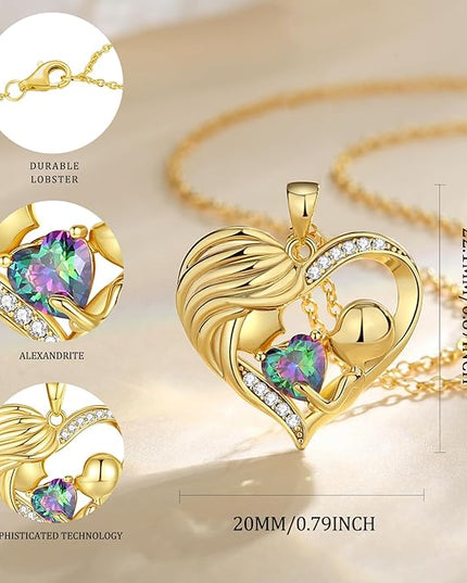 FANCIME Mom Birthstone Necklace Mother and Child Love Heart Necklace I Love You Mom Gifts Mothers Day Birthstone Jewelry Gifts for Grandmother Women Wife, 16"+2" Inches