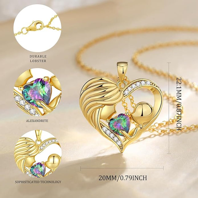 FANCIME Mom Birthstone Necklace Mother and Child Love Heart Necklace I Love You Mom Gifts Mothers Day Birthstone Jewelry Gifts for Grandmother Women Wife, 16"+2" Inches