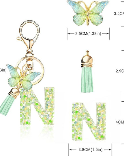 Fashion Alphabet Initial Letter Keychain Tassel Butterfly Pendant Key Ring for Purse Handbags Women Girl