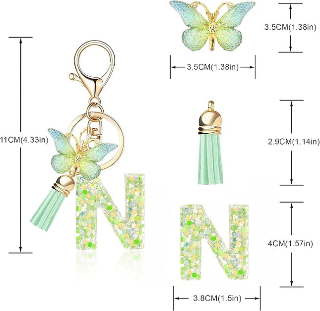 Fashion Alphabet Initial Letter Keychain Tassel Butterfly Pendant Key Ring for Purse Handbags Women Girl