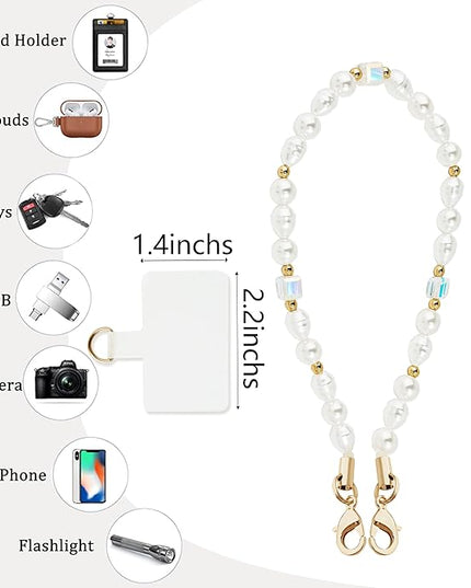 Marble Beaded Phone Wrist Strap,Detachable Phone Bracelet Strap with Tether Tab,Hands-Free Wristlet Strap (White Pearl)